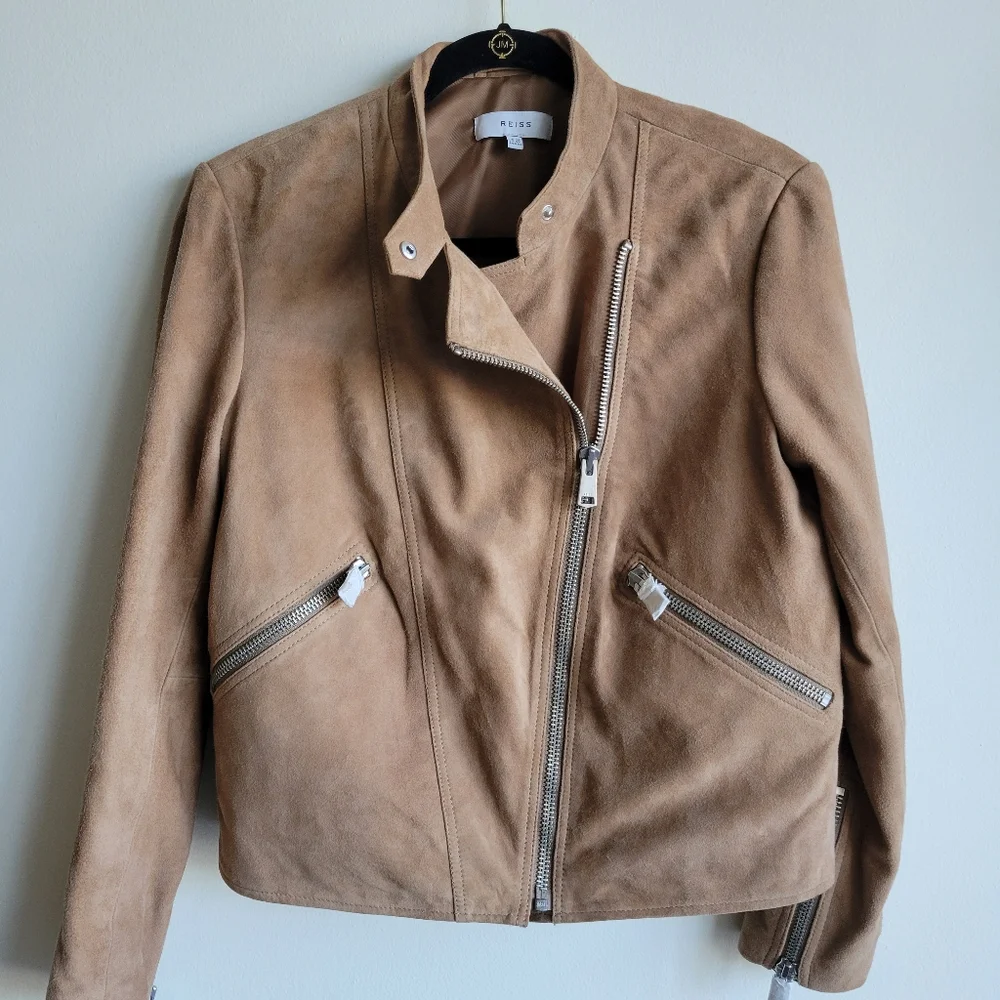 REISS Suede Lamb Leather Biker Jacket Size 10 - Picture 3 of 11